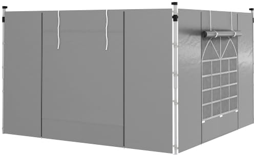 Outsunny 2er-Set Seitenteile für Pavillon 3x3/3x6 m mit Fenster Hellgrau | Seitenwand mit Klettverschluss, Wasserdicht, Pavillonwand, Oxfordstoff, Windschutz und Sichtschutz für Partyzelt