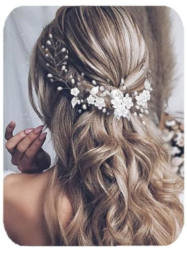 Atigy Blumen-Braut-Haarrebe Silber Hochzeits-Haarschmuck Perlen Braut-Kopfschmuck für Damen (Silber)