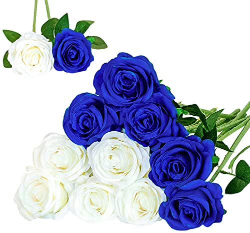 Floralsecret 12 Pcs Artificial Silk Rose Flower Bouquet Faux Flowers（White&Blue）