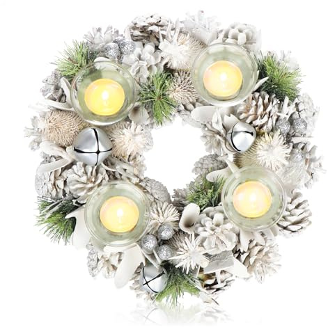 COM-FOUR® Couronne de Table pour Noël - Couronne de l'Avent Blanche avec Paillettes - Couronne décorative 4 photophores (Couronne de l'Avent L)