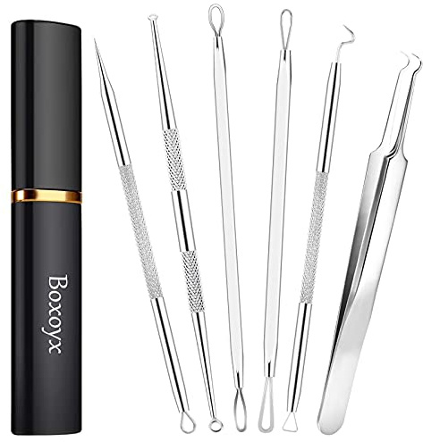 Boxoyx Pimple Popper Tool Kit - 6 Pcs Blackhead Remover Comedone Extractor Tool Kit with Metal Case for Quick and Easy Removal of Pimples, Blackheads, Zit Removing, Forehead, Facial and Nose(Silver)