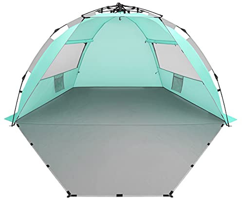 Oileus X-Large 4 Person Beach Tent Sun Shelter - Portable Sun Shade Instant Tent for Beach with Carrying Bag, Stakes, 6 Sand Pockets, Anti UV for Fishing Hiking Camping, Waterproof, Light Green