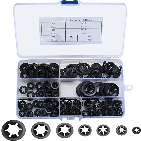 Ewwtrey 340 Pezzi Rondelle, Rondelle di Fissaggio in Acciacio, Rondella di Sicurezza con Dente Interno, Clip Rondelle di Sicurezza per Innesto Rapido Kit Assortimento - M3/M4/M5/M6/M8/M10/M12