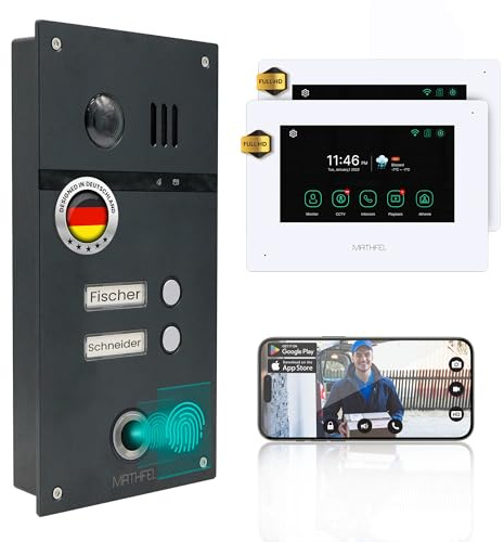 MATHFEL 2 Familienhaus 4 Draht Video Fingerprint Türsprechanlage Gegensprechanlage Fischaugenkamera 170 Grad, 2x7'' Monitor WLAN