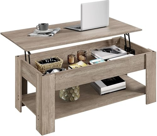 Yaheetech Lift Top Coffee Table with Hidden Compartment and Storage Shelf, Rising Tabletop Dining Table for Living Room Reception Room, 38.6in L, Grey