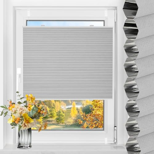 TFSKY Wabenplissee Plissee ohne Bohren Verdunkelung Klemmfix Zweifarbigz Weiß-Hellgrau B50 x H130 cm Plissees Thermo Doppelplissee Verdunkelnd Verdunklungsplissee Sonnen- & Schallschutz für Fenster