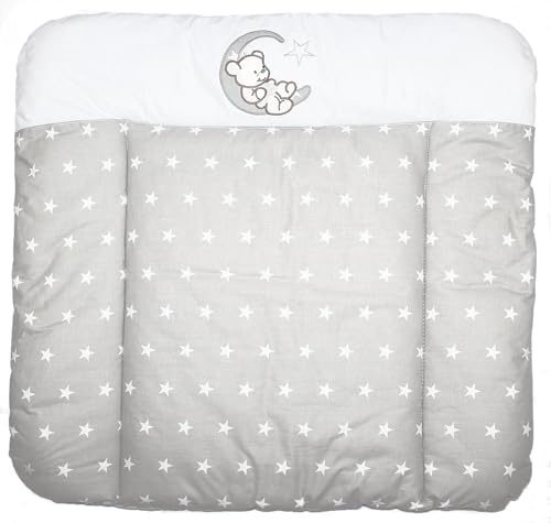 Wickelauflage mit Applikation - Bärchen Mond-Sternchen auf Grau - Wickeltischauflage Baby Auflage (70 x 50 cm)