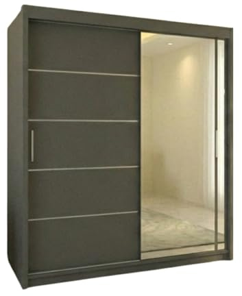 INTERWOOD Matt Finish Sliding Door Wardrobe – 2 Doors Wardrobe with Mirror, Hanging Rail, Adjustable Shelves and Chrome Handles | Strong MDF Wardrobe for Home Office, Bedroom Furniture 150cm(Grey)