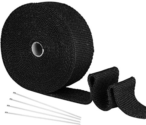 Yizhet 5m Hitzeschutzband Auspuff Hitzeschutzband Basaltfaser Auspuffband Motorrad Hitzeschutzband mit 4 Metallkabelbinder für Fächerkrümmer, Auspuffanlagen, Isolierband Hitzeschutz (Schwarz, 5m)