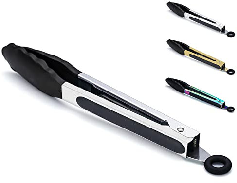 Kitchen Tongs for Cooking Grill & BBQ, Kyraton Stainless Steel 9 Cooking Tongs Heat Resistant Handle Non Slip, Kitchen Tongs with Silicon Tips for Salad,Ice,Fry, Serving,Oven. (Silver)