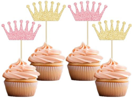 Gyufise 24Pcs Crown Cupcake Toppers Pink Gold Glitter Queen Crown Cupcake Picks for Queen Princess Theme Baby Shower Girls Wedding Birthday Party Cake Decorations Supplies
