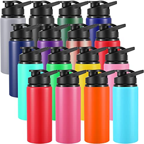 Yinder 16 Stück 590 ml Aluminium-Wasserflasche, mehrfarbig, wiederverwendbare Sportflasche mit Schnappdeckel, Multipack Vakuum-Wasserflasche für Reisen, Camping, Picknicks, Radfahren, Angeln