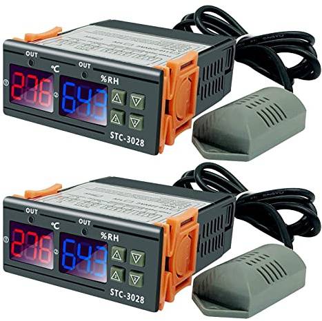 STC-3028 Temperature Control, 2Pcs Digital AC Temperature Humidity Controller AC110-220V Temperature and Humidity Hygrometer Intelligent Dual Display Thermostat for Refrigeration Heating Device