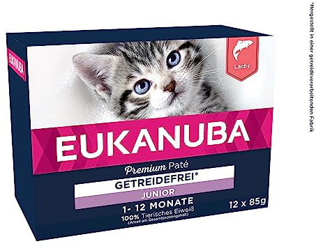 EUKANUBA Junior Katzenfutter nass getreidefrei - Premium Nassfutter mit viel Lachs für Kitten, 12 x 85 g