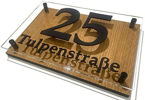 Hausnummer-Schild Adressschild haus hauswand personalisiert holz eiche plexiglass 3d individuelles design (Eichenmuster 1)