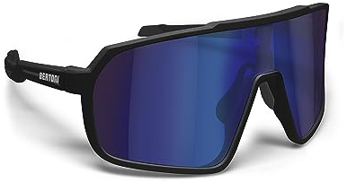 Bertoni Occhiali Sportivi Ciclismo MTB Running per Uomo Donna in TR90 100% Protezione UV mod. GEMINI (Nero Opaco/Nero Lucido – Lente Specchiata Blu)