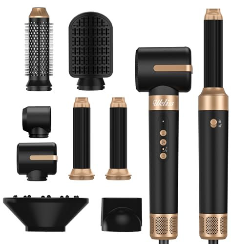 UKLISS Airstyler Warmluftbürste 7 in 1, 1400w Hairstyler Warmluftbürste, 30mm Air Lockenstab, 3 Temperaturanpassungen Haarstyler, Ionen Föhnbürste Set, zum Trocknen, Locken, Glätten der Haare