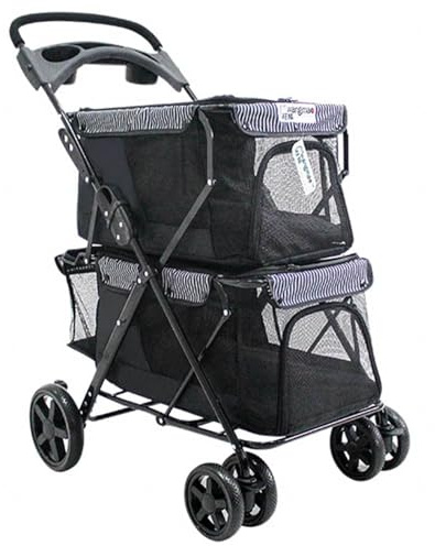Doppelschichtiger Haustier-Kinderwagen Zusammenklappbarer Trolley für Hunde und Katzen 4-Räder-Reisekäfig Leichter Katzen-Kinderwagen für Reisen, Einkaufen, Spazierengehen,Black