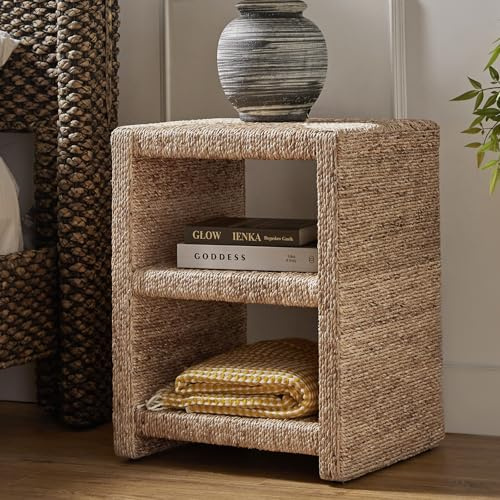 HULALA HOME Rattan Nightstand with Two Open Shelves, Seagrass Side Table Coastal Style, End Tables Natural