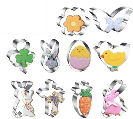 10 Piezas Moldes Galletas Pascua, Cortadores de Galletas de Pascua de Acero Inoxidable, Cortadores de Galletas de Pascua para Hornear, Conejo, Huevos de Pascua, Trébol, Zanahoria, Pollito, Mariposa