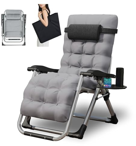 TRIOBLADE Outdoor Reclining Zero Gravity Chair with Cup Holder & Cushion, Adjustable Sun Loungers Folding Recliner Garden Chairs for Patio Garden Beach Support 200kg (Gray)
