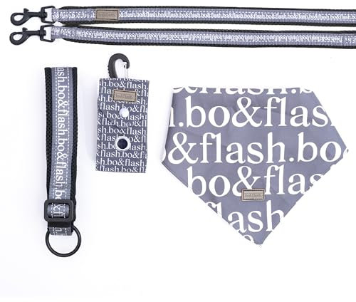 bo&flash 4-teiliges Hundeleinen Set Pittsburgh L Dark Grey – Verstellbare Hundeleine und Halstuch – Modisches Hundehalsband und Leine Set – Hochwertig, reflektierend und sicher