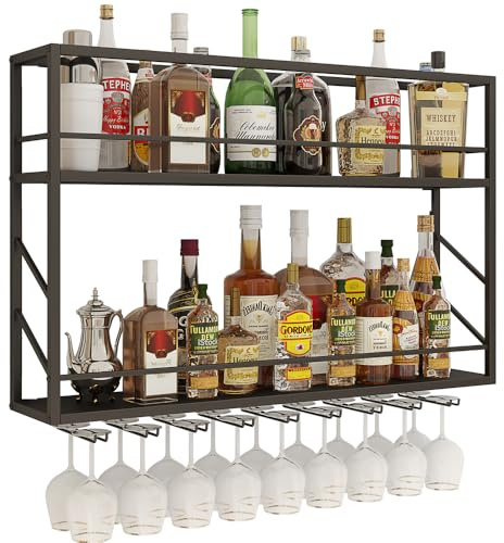 Woskar Wall Mounted Wine Rack 2 Tier, Metal Bar Liquor Shelves and Glass Holder,Wall Bar Shelf Wine Display Storage Holder for Home Bar, Dining Room, Kitchen(31.4×7.8×26in)