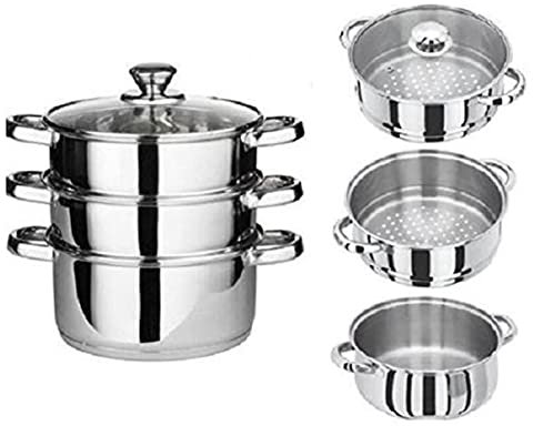 Olla de Acero Inoxidable de 3 Capas con Cesta de Vapor – Olla Multifuncional, Olla para Salsa, ollas con Tapas y Asas, Juego de Olla al Vapor, Apto para Todas Las Estufas de Gas