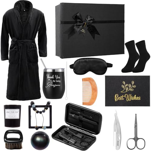 Nuogo 15 Pcs Birthday Gifts for Men Beard Care Set for Him Dad Birthday Gifts Basket Ideas Kit for Men Tumbler Bath Robe for Father's Day Dad Husband Boyfriend Box (Unhooded,Black)