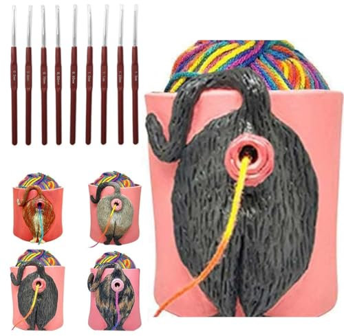 UANHUU Malloy-Garnschale mit Katzenmotiv, Garnschalen zum Häkeln und Stricken, lustige Garnschalen mit Katzenhintern und Löchern (mit 9 Stricknadeln)(C)
