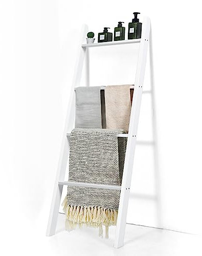 Porte-serviettes en bois à 4 niveaux, étagère échelle et 4 barres, 50 x 137 cm, blanc, idéal pour organiser le salon