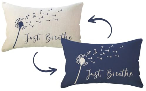 ULOVE LOVE YOURSELF Dandelion Throw Pillow Cover with Just Breathe Quote 12 x 20 Farmhouse Rustic Lumbar Pillow Covers Inspirational Cushion Covers Meditation Gifts (Blue)