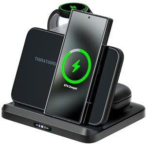 Tigratigro Caricabatterie Wireless 3 in 1 per Samsung, Stazione di Ricarica Wireless Veloce Pieghevole per Samsung Galaxy S26/S25/S24/23/22/21 Note 20/10/9 Z Flip/Fold, Watch Galaxy Buds (Nero, W820)