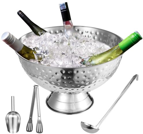 Ice Bucket Set for Champagne Bottle, Large 12L Stainless Steel Ice Bowl with Hammered Finish, Includes Scoop, Tongs and Ladle, Ice Bucket for Cocktail Bar, Bar Cart, Parties, Weddings, Celebrations