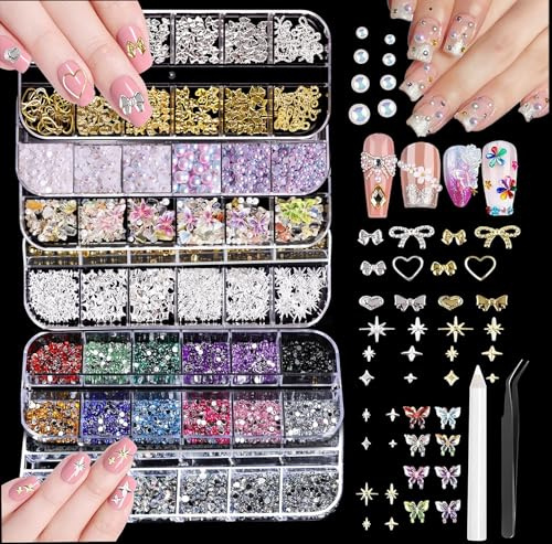 6 Cajas Piedras para Uñas Decoración, Decoración Adornos de Uñas | Colorido Kit de Diamantes de Uñas de Arte Piedras para Diamantes de Uñas, Pajarita Nail Art Charms para DIY Diseños de Uñas