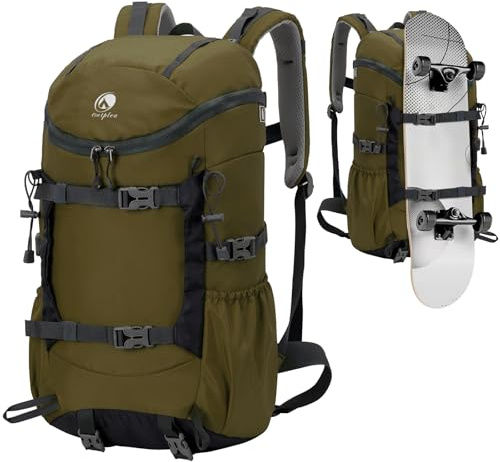 Outplea 30 L lätt vandringsryggsäck män kvinnor multifunktionell reseryggsäck med skateboardremmar dagryggsäck sportryggsäck för vandring utomhus camping fritid, Armégrönt, 49x28x19 cm