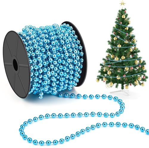 Chuangdi Perlenkette Weihnachtsbaum 15m/Rolle 6mm Perlenschnur Perlengirlande Dekoration Weihnachtsbaumschmuck Kunststoff Perle Christbaumschmuck PerlenbandZubehör für DIY (Seeblau)