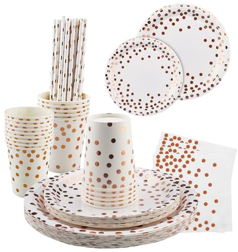 Party Tableware, 125 Pieces Reusable Gold Party Set Includes 7/9 inch Paper Plates Cups Straws and Napkins Supplies for 25 Guests for DIY Birthday Holiday Wedding Engagement (White+ rosegolden dot)