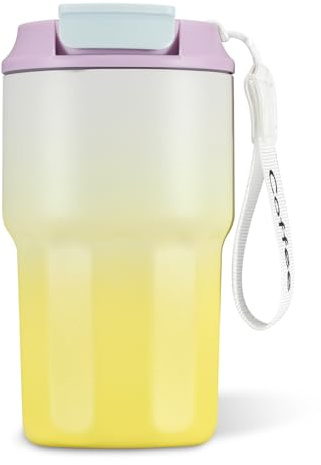 16 OZ Vacuum Insulated Coffee Cup, Leak-Proof Stainless Steel Coffee Travel Mug, 2-in-1 Straw Flip Lid, Keep Hot and Cold (Yellow)