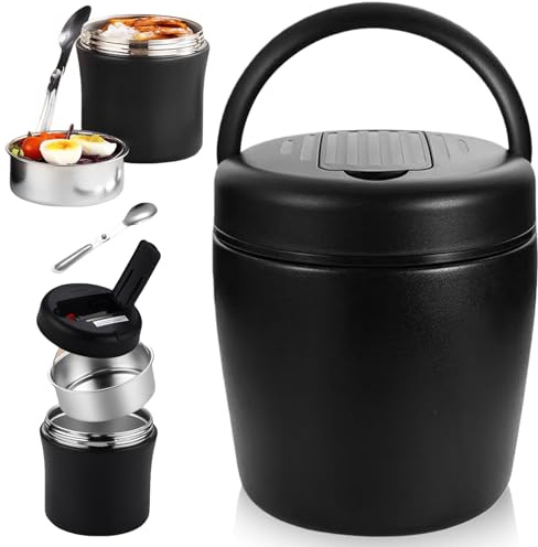 GOMETY Termosbehållare för mat 1 500 ml 304 rostfritt stål, läckagesäker varmhållningsbehållare med sked och lock, termisk lunchlåda matbehållare för soppor gröt skola arbete resor