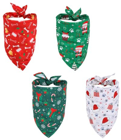 4pcs Christmas Dog Bandanas, Soft Breathable Polyester Pet Triangle Scarf with Cute Christmas Holiday Patterns for Small Medium Large Dogs Cats (Style 5)