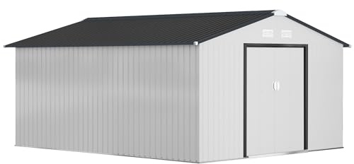 Outsunny Casetta da Giardino 12.4m² Acciaio Kit Fondazione Bianco | Prese D'Aria, Tetto Inclinato, Doppia Porta Scorrevole Bloccabile, Capanno Porta Attrezzi