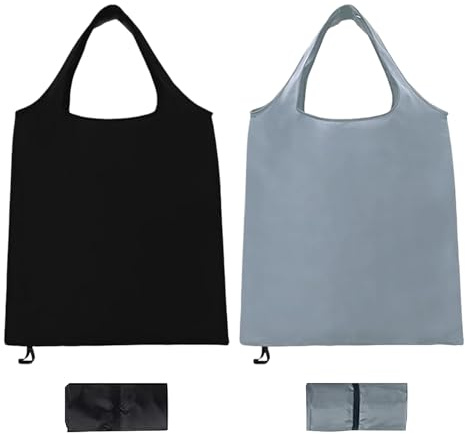 PureSphere 2-Pack Foldable Reusable Shopping Bags, Waterproof Polyester | 2-Pack Black & Grey Foldable Reusable Shopping Bags, Waterproof Washable Polyester Large Capacity for Grocery & Travel