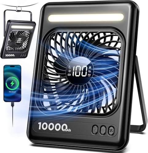 Untisu Portable Desk Fan 10000mAh Up to 24H, Ultra Quiet Cooling Fan with LED Light, 5 Wind Modes, 4 Timer Modes & Sleep Mode for Office Car Home Travel Camping (Black)