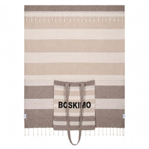BOSKIMO Toalla de Playa Grande con Bolsa Cosida 2 en 1 - Pareo Estilo Fouta con Flecos, 90x200 cm - Toalla y Bolso Multiusos Hombre y Mujer - Ideal Piscina, Picnic, SPA y Viaje - 5 Colores