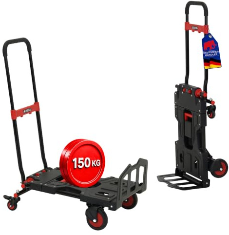 PROREGAL 2-in-1 Sackkarre & Plattformwagen klappbar Kodiak 150 kg Tragkraft | Schwarz Stahlrahmen 4 Rollen mit 2 Feststellbremsen Ausziehbarer Griff Transportkarre Transportwagen