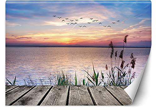 Feeby Fototapete XXL Pier Himmel Vögel 400x280 cm Violett Vliestapete Moderne Design Wandtapete Küche Flur Wohnzimmer Büro Badezimmer Kinderzimmer Sonnenuntergang Über Dem See