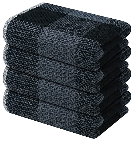 Mordimy 100% Cotton Waffle Weave Kitchen Towels, 13 x 28 Inches, Super Soft and Absorbent Buffalo Check Dish Towels for Drying Dishes, 4-Pack, Black & Grey