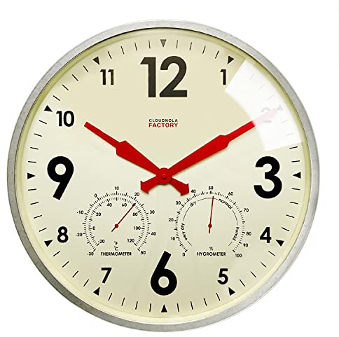 Cloudnola Horloge Murale en métal étanche pour intérieur et extérieur avec thermomètre et hygromètre, Zinc Gris, 45,7 cm, silencieuse, sans tic-tac