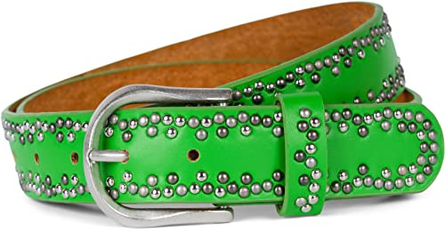 styleBREAKER Nietengürtel Unisex mit kleinen mehrfarbigen Nieten | Vintage Gürtel aus Rindsleder mit farbgebender Polyurethan-Beschichtung | kürzbar & verstellbar, Farbe:Grün, Größe:90cm